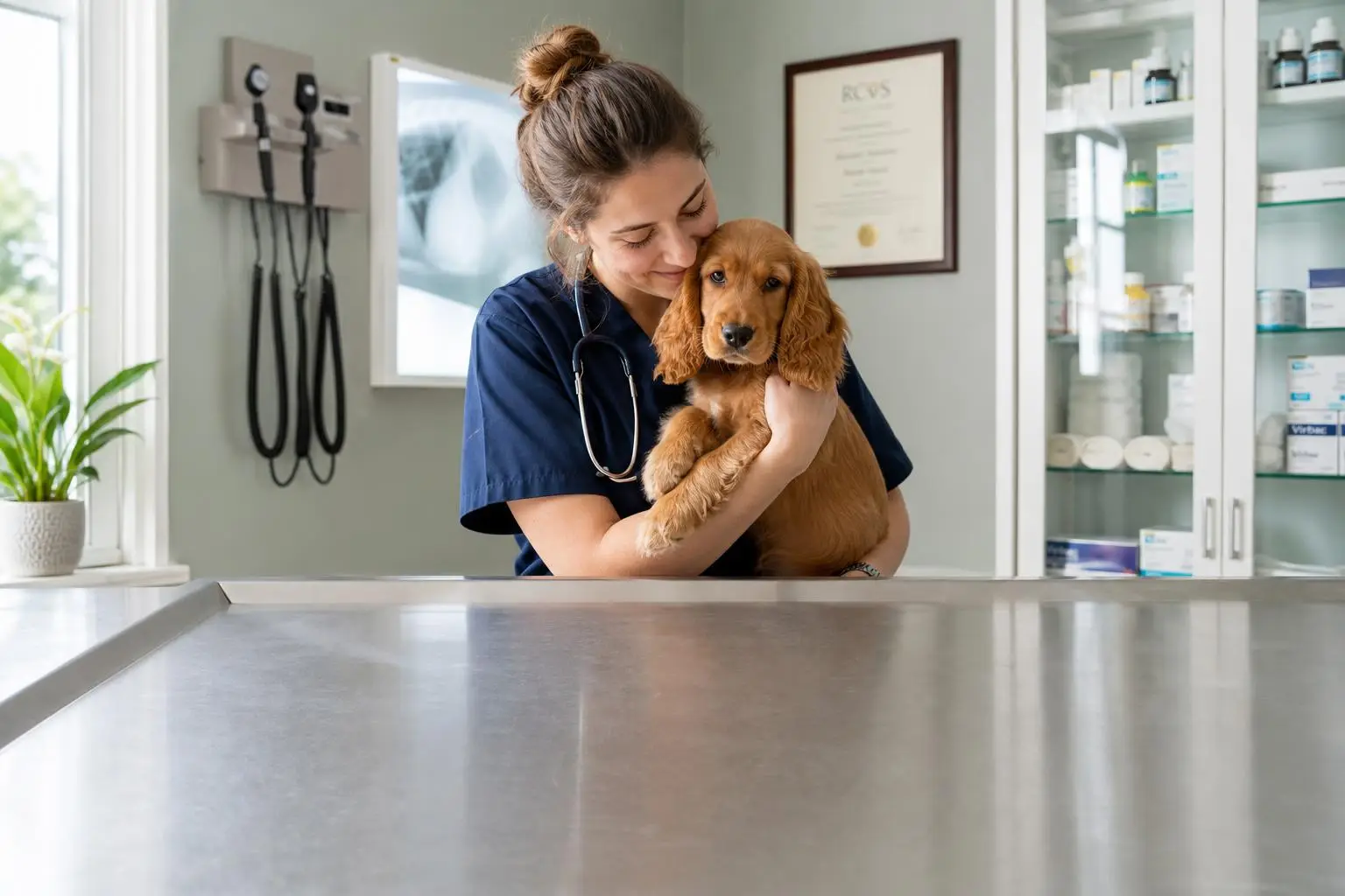 Veterinarian examining a happy golden retriever puppy on a clinic table